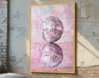 Pastelkleurige discobal Art Print - roze esthetische muurkunst - moderne abstracte kunst - glamour interieur - reflecterende canvas kunst discobal