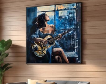 Leinwanddruck „Nachdenkliche Frau mit Gitarre“ – Moderne impressionistische Kunst – Atmosphärische Wanddekoration für Musikliebhaber und kreative Räume