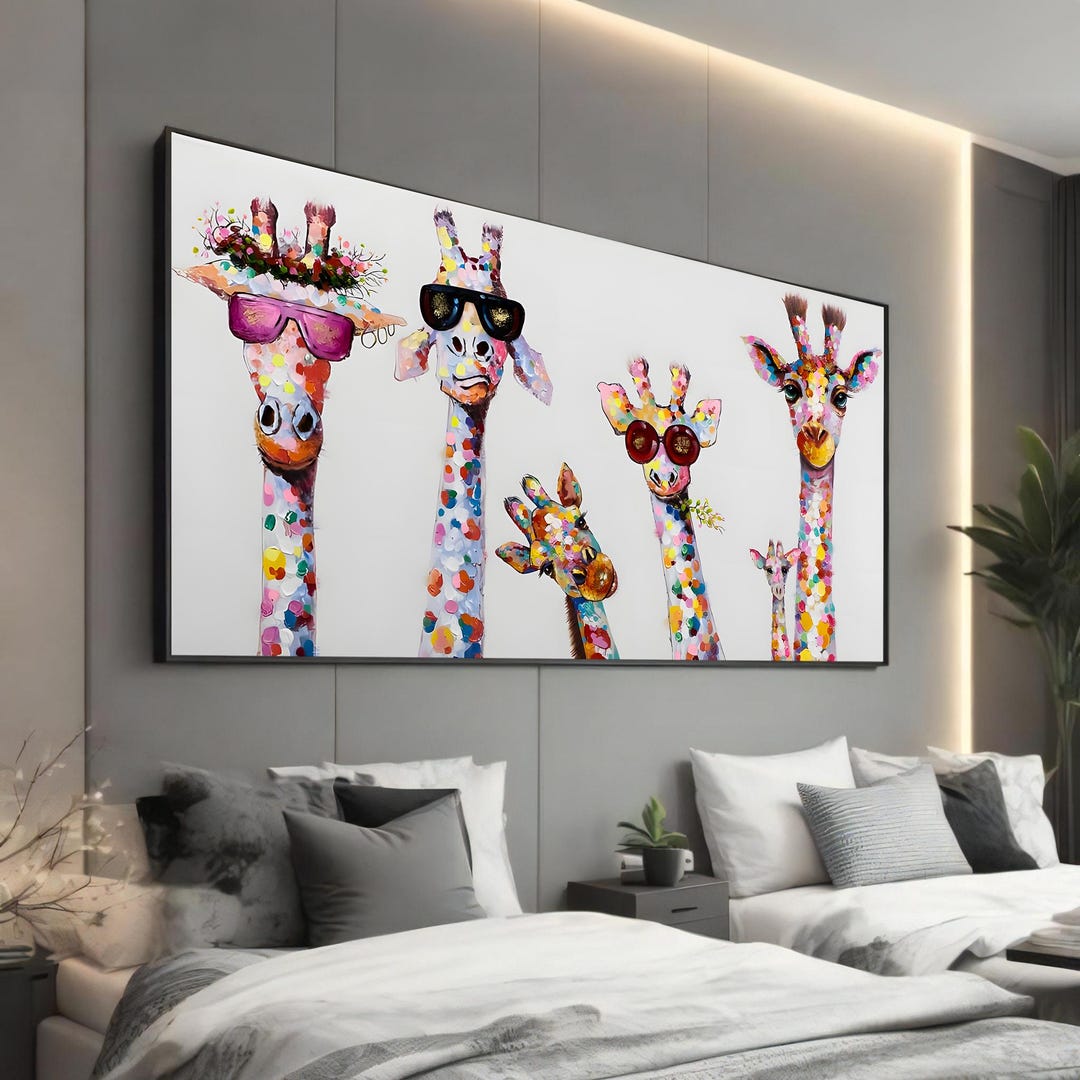 Whimsical Giraffe Family Canvas Art Print- Playful and Colorful Modern ...