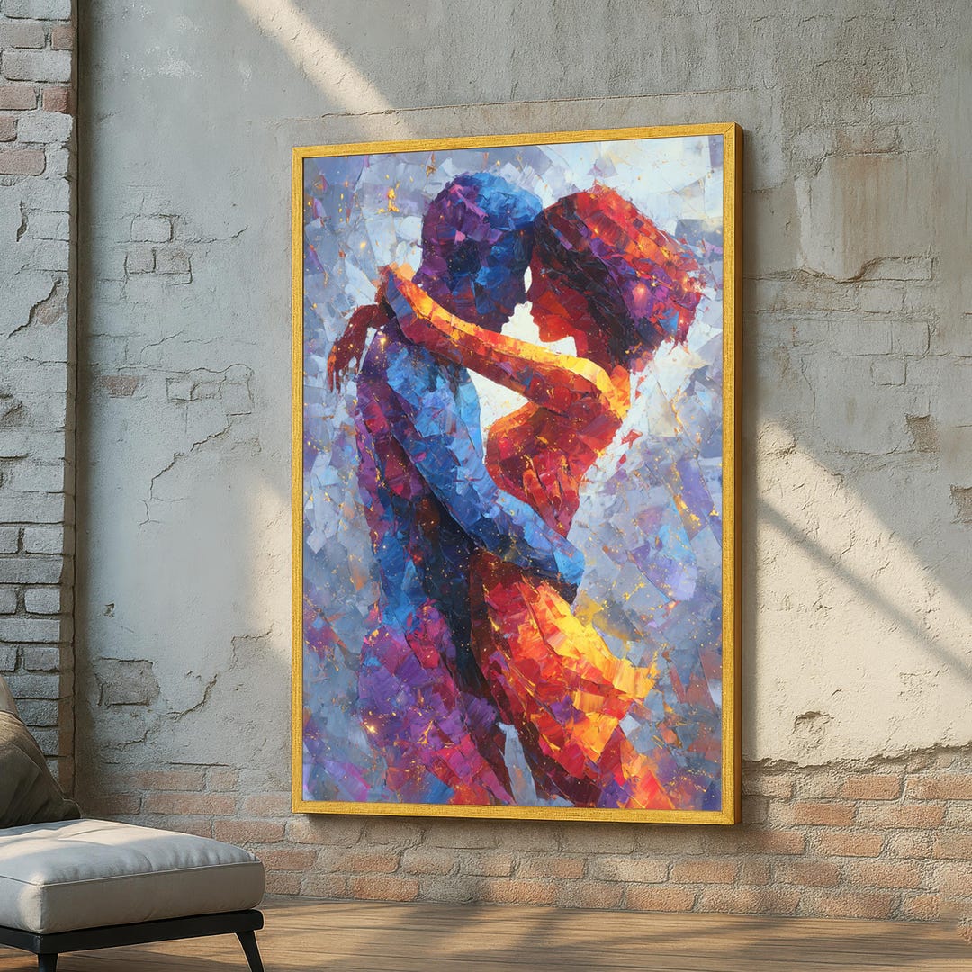 Abstract Couple Embrace Art - Romantic Modern Canvas - Blue and Red ...