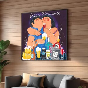 Impresión artística en lienzo con dibujos animados de romance salvaje - Arte pop lúdico - Celebración de pareja colorida - Decoración de pared divertida y humorística - Arte romántico moderno