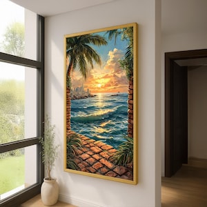 Tropical Sunset Canvas Wall Art – Palm Tree Ocean View with City Skyline - Coastal Seascape Print - Beach Paradise Landscape Home Decor