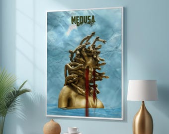 Cuadro de la mitología de Medusa: busto dorado surrealista con ojos sangrantes. Impresión en lienzo de la dramática leyenda griega para una decoración del hogar oscura y única.