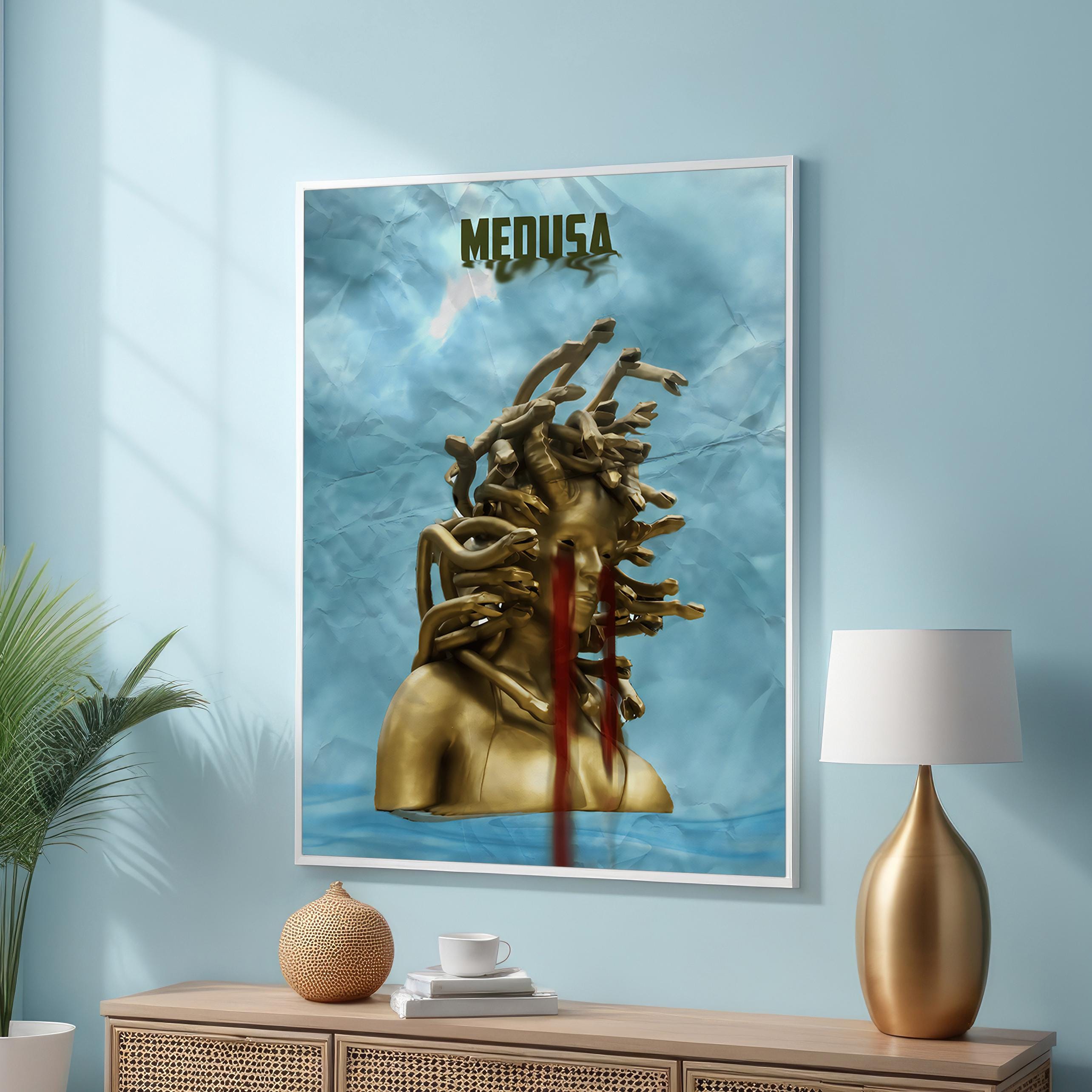 Medusa Mythology Wall Art - Surreal Gold Bust with Bleeding Eyes - Dramatic Greek Legend Canvas Print for Dark and Unique Home Decor