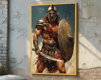 Ancient Warrior Canvas Wall Art – Fierce Gladiator with Sword and Shield - Heroic Spartan Battle Art - Strong Warrior Ready to Hang Decor