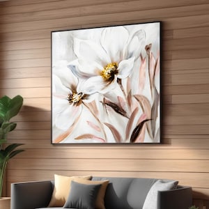 Elegante witte bloemen canvasafdruk - moderne minimalistische bloemen muurkunst - zachtroze en beige abstract botanisch decor - grote neutrale kunst