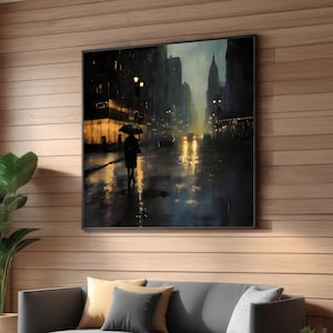 Dark Rainy Cityscape Canvas Print – Modern Urban Street Scene with Umbrella, Reflections, and Misty Night Atmosphere - Cinematic Wall Art