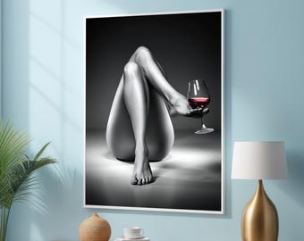 Minimalist Black and White Legs with Wine Glass Canvas Art – Modern Sensual Wall Art Print – Ready-to-Hang Elegant Home Decor