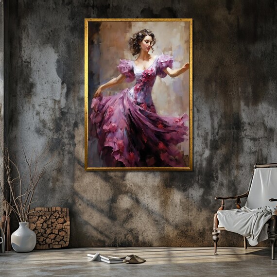 Graceful Woman in Flowing Dress Dance Canvas Art - Romantic