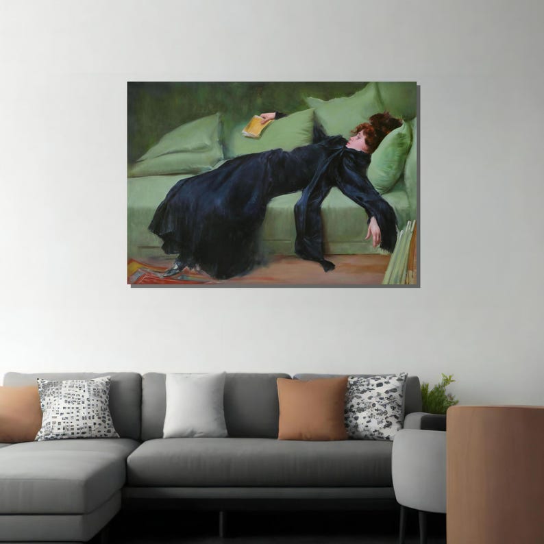 May include: A painting of a woman in a black dress lying on a green couch. She is holding a book in her hand and her eyes are closed.