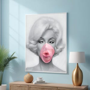 Marilyn Monroe Bubblegum Pop Art - Black and White Retro Glamour Portrait with Pink Accent - Modern Iconic Wall Art Decor for Any Room