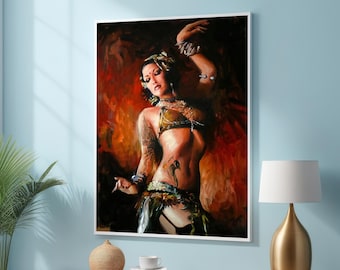 Arte en lienzo de una elegante bailarina del vientre en tonos cálidos - Danza del vientre sensual - Arte mural de bailarina en movimiento - Impresión de danza exótica - Decoración de pared de danza del vientre