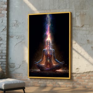 May include: A framed digital art print depicts a meditating figure in a lotus position. The figure is illuminated with cosmic energy, with a vibrant stream of light emanating from the head. The artwork is set against a black background.
