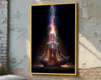 Cosmic Meditation Wall Art - Chakra Energy Awakening Canvas Print - Spiritual Enlightenment Art - Galaxy Aura Energy Zen Home Art Decor