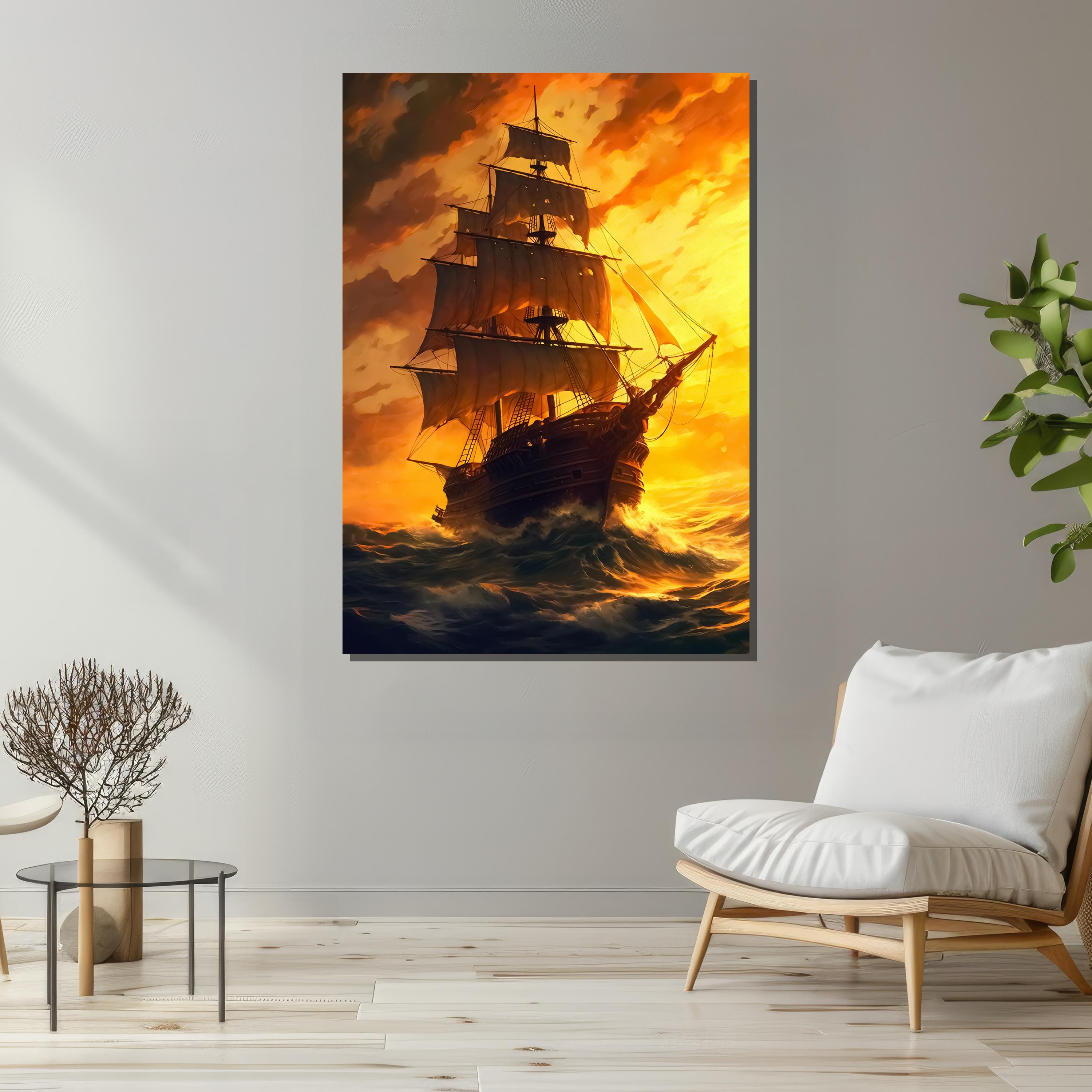 Majestic Sailing Ship at Sunset Canvas Art - Ocean Adventure With
