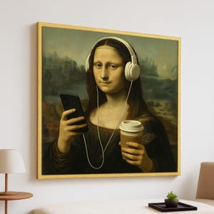 Toile de la Joconde moderne - Parodie d&#39;art classique drôle avec un casque - Café et smartphone - Décoration murale culture pop - Art de la Joconde parodie