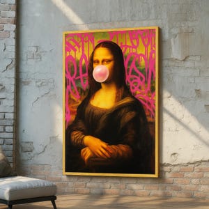 Graffiti Mona Lisa Wall Art – Funny Pop Art Canvas with Bubblegum & Pink Street Tags – Modern Remix of Classic Printing for Bold Decor