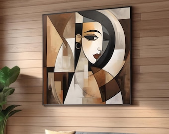 Modernes kubistisches weibliches Porträt Leinwanddruck - abstrakte geometrische Kunst - elegante erdfarbene Wanddekoration - zeitgenössische minimalistische Kunst für Zuhause