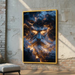 Arte mural del dios de la tormenta - Impresión en lienzo de Zeus con relámpagos - Arte mitológico - Arte fantástico del rostro celestial - Decoración dramática de truenos - Arte poderoso para la decoración del hogar