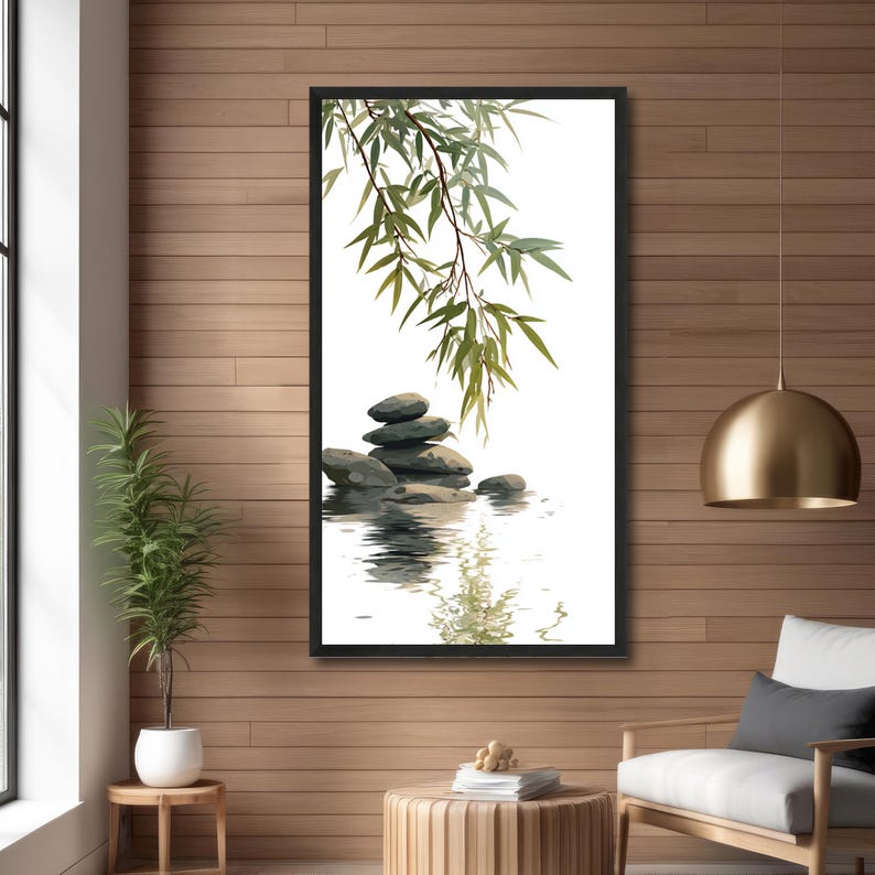 Zen Stone Stack With Bamboo Leaves Wall Art – Minimalist Japanese ...