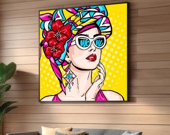 カラフルなポップアートの女性の壁アートキャンバス絵画、サングラス