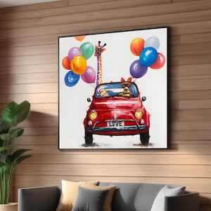 Canvaskunst op doek met grillige dierenreis – Leuke rode auto met giraf en hond rijdende auto met ballonnen – Speelse muurkunst voor kinderkamers of modern decor