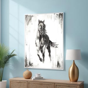 Black and White Horse Canvas Art - Minimalist Animal Wall Decor - Moving Horse Serene Art - Dynamic Animal Printing for Elegant Statement