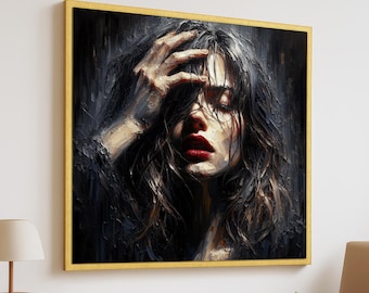 Lienzo con retrato de mujer – Impresión femenina en empasto audaz – Arte oscuro con labios rojos – Decoración de pared femenina emotiva – Arte expresionista moderno – Arte melancólico