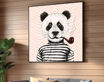 Quirky Panda Illustration Canvas Print – Vintage Panda in Striped Shirt with Pipe – Fun and Modern Wall Art for Living Room or Office Decor