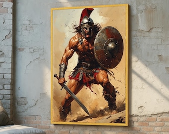 Spartan Warrior Canvas Art – Epic Gladiator with Sword and Shield - Ancient Battle Scene Digital Painting for Strong Masculine Wall Decor