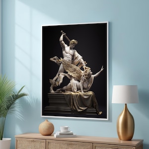 May include: A black and white photograph of a sculpture depicting a winged figure being slain by a man with a sword. The sculpture is set against a dark background.