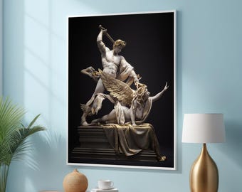 Perseus and Medusa Mythological Sculpture – Classical Marble and Gold Art Statue - Dramatic Myth-Inspired Home Decor - Epic Heroic Art Print