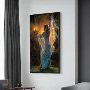 Graceful Dancer in Firelight - Ethereal Impressionist Canvas Art - Flowing Ceremonial Dress with Dramatic Light for Modern and Spiritual Art