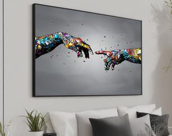Modern Creation of Adam Graffiti Canvas Print – Colorful Pop Art Reinterpretation of Classic Hands – Urban Street Art for Bold Modern Decor
