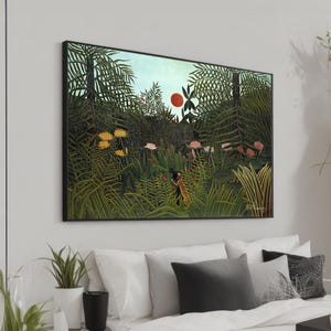 Wilder Dschungel-Tiger - Leinwanddruck – naive Kunst mit üppigem Laub und lebendigen Blumen – Henri Rousseau inspirierte exotische Wandkunst für Naturliebhaber