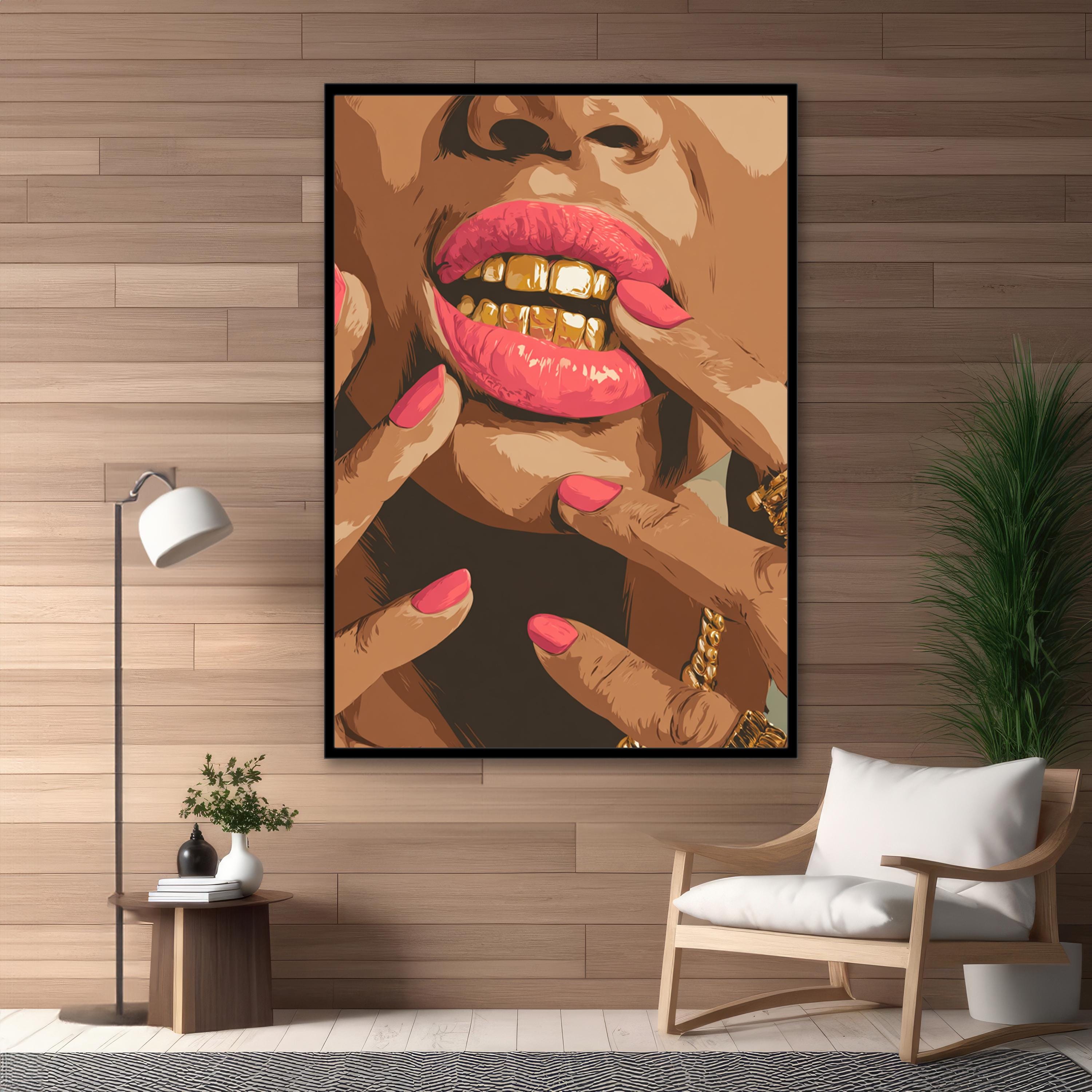 Pink Lips Gold Grill Wall Art - Black Woman Glam Canvas Print - Bold ...
