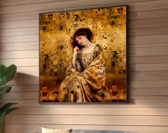 Gustav Klimt-Inspired Golden Portrait Canvas - Elegant Woman in Ornate Robe - Luxurious Decorative Wall Art - Modern Abstract Classic Decor