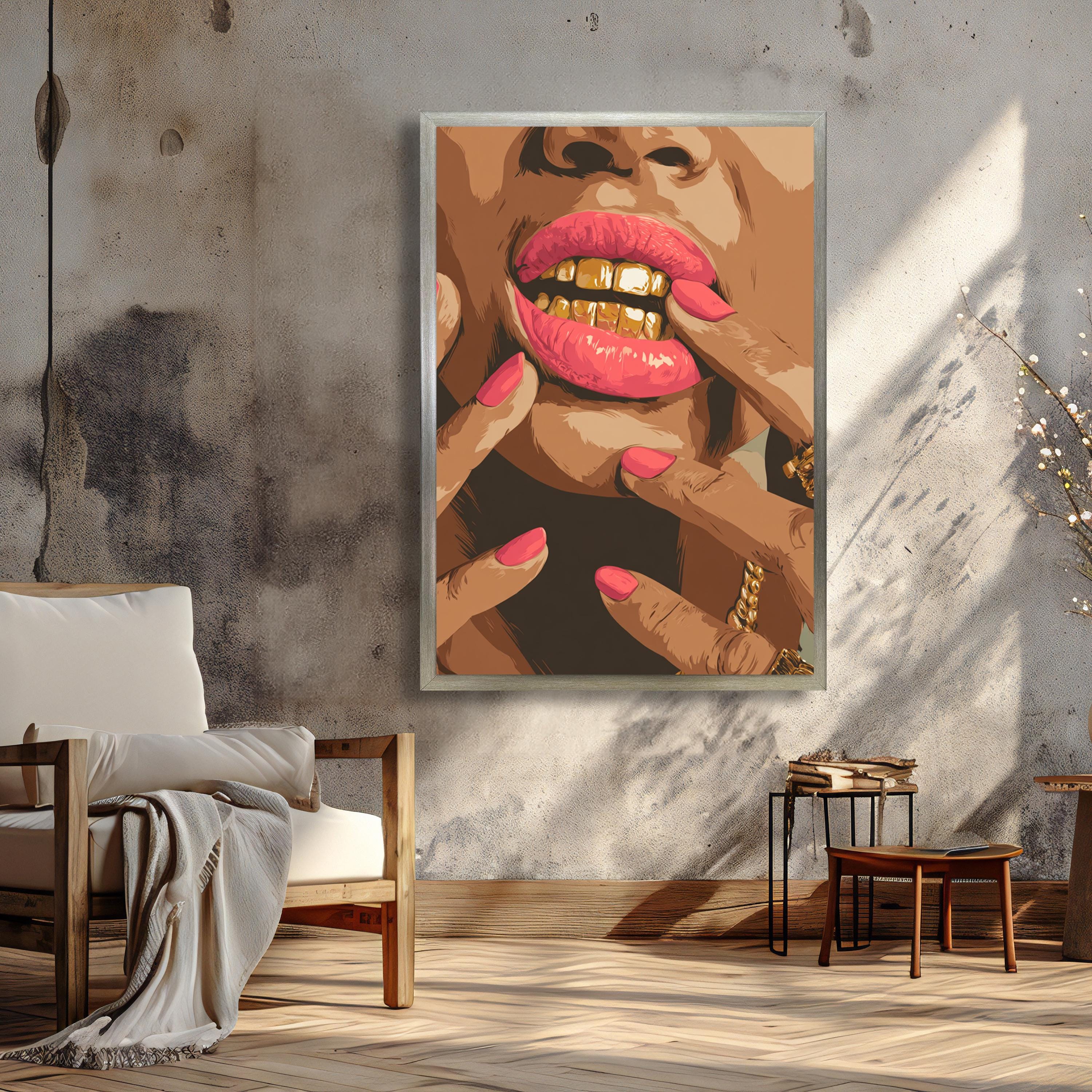 Pink Lips Gold Grill Wall Art - Black Woman Glam Canvas Print - Bold ...