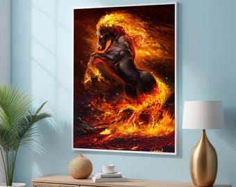 Lienzo artístico de un semental ardiente: majestuoso caballo en llamas, decoración de pared surrealista: impresión artística de un caballo, símbolo de poder y nobleza: impresión artística audaz