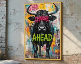 "Graffiti Stier Leinwandkunst - ""Charge Ahead"" motivierende Wandkunst - Urban Street Style Tierdruck für Büro, Fitnessstudio oder moderne Wanddekoration."