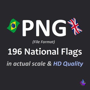 Op de afbeelding: Een donkergrijze afbeelding met de tekst "PNG (Bestandsformaat)" en "196 Nationale vlaggen op ware grootte & HD-kwaliteit". De afbeelding bevat de vlaggen van Brazilië en het Verenigd Koninkrijk.