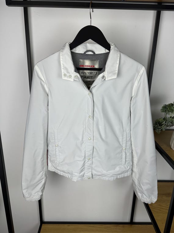 Prada, Vintage Prada Nylon Jacket Red Tab Logo Track Women’s White 42 size Made in Italy Windbreaker