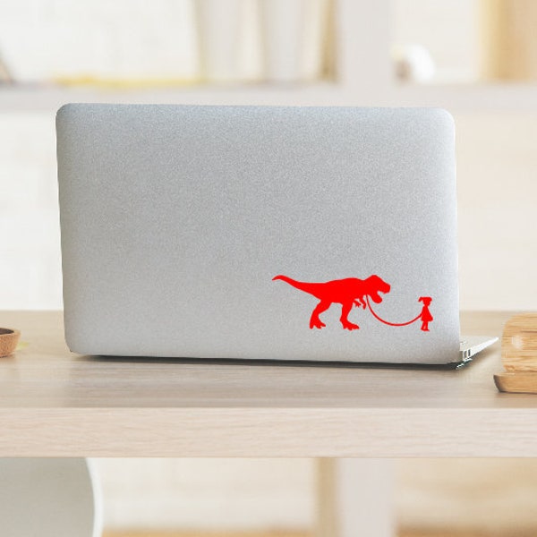 Girl walking Dinosaur Laptop Decal, Car Decal