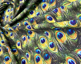 Exotic Peacock Feathers Print I Nylon Spandex 4-Way Stretch Fabric I 60" Width sold By the Yard I Swimsuit, Dancewear, Sportwear, Dress I