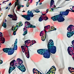 Butterflies Pink and White background Print 4-Way Stretch Print Nylon Spandex Fabric 60&quot; Width Sold By the Yard I Sewing, Swimwear, Dress I