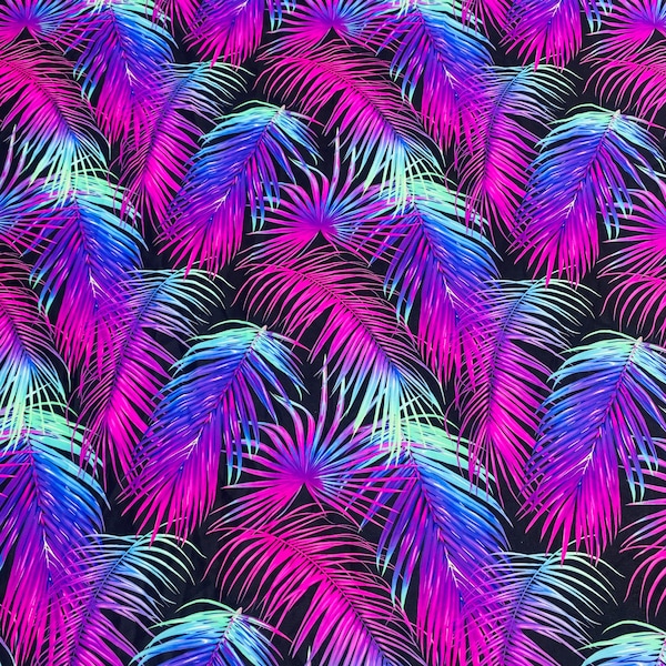 Neon Purple and Blue Leaves Printed I Spandex 4-Way Full Stretch I Fabric 60" Width sold By the Yard Sewing, Swimsuit, Dancewear, Activewear