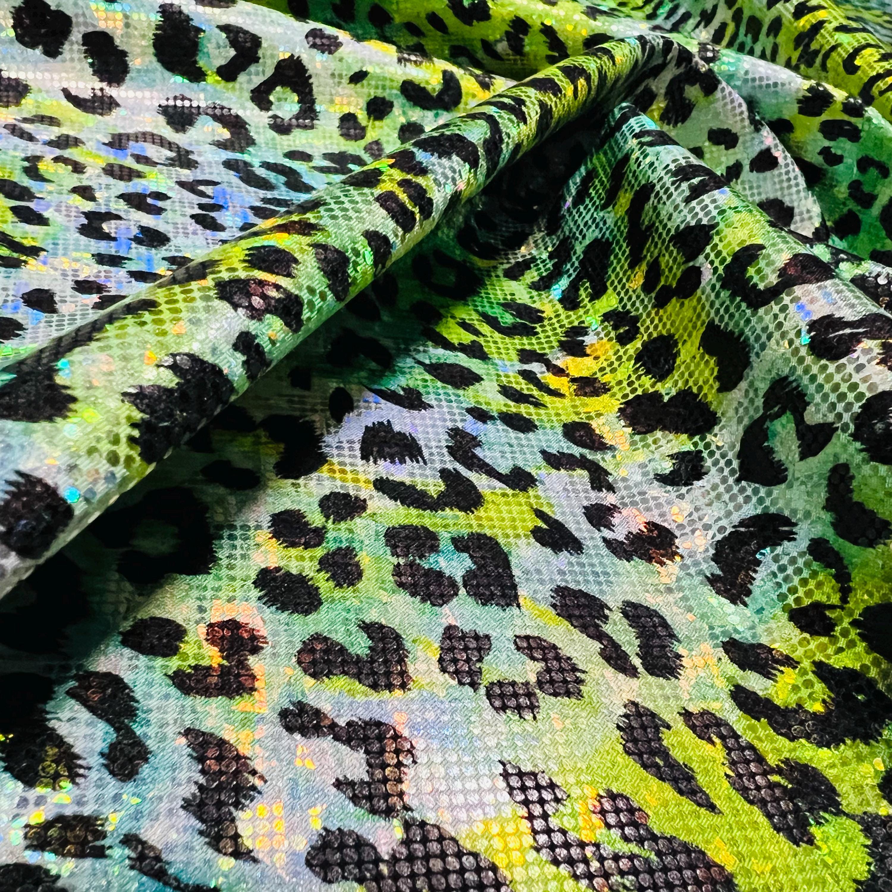 Metallic Green Leopard Animal Print Nylon Spandex 4-Way Stretch I Fabric 60" Width sold By the Yard Sewing, Swimsuit, Dancewear, Activewear