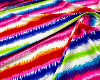 May include: Vibrant fabric with a repeating pattern of colorful, horizontal stripes. The stripes feature a mix of bright colors including red, pink, blue, green, and orange, set against a white background. The fabric appears to be soft and flowing.