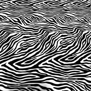 Zebraprint in zwart-wit, spandex, 4-way stretch, stof, 152 cm breed, per meter verkrijgbaar. Geschikt voor naaien, badkleding, danskleding en sportkleding.