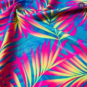 Neon Palm Leaves Blue Background I Spandex 4-Way Full Stretch I Fabric 60" Width sold By the Yard Sewing, Dancewear, Activewear